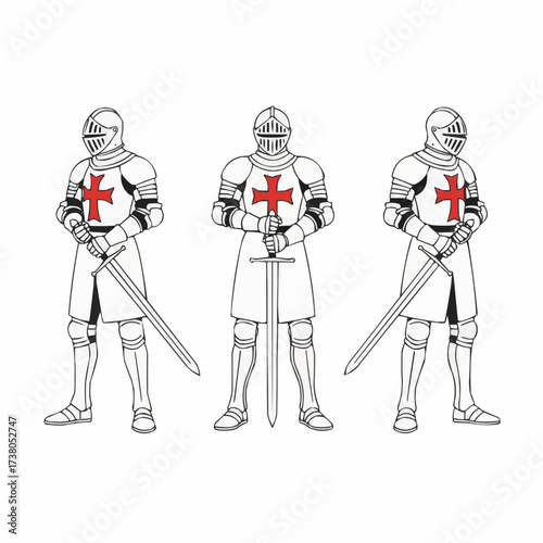 Three Medieval Templar Knights with Swords Vector Illustration