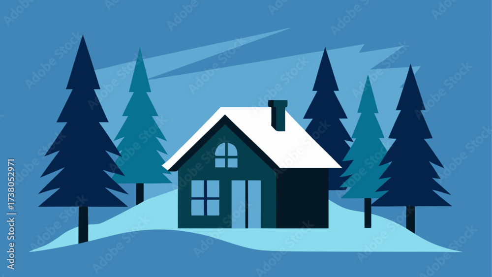 Fototapeta premium Winter scene with house and evergreen trees