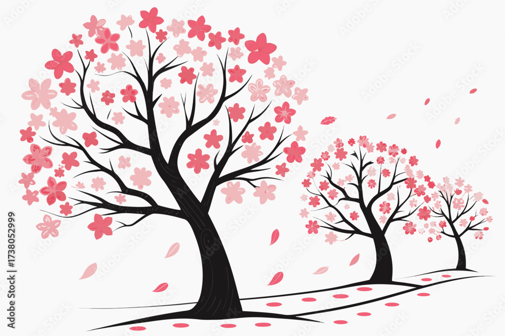 Fototapeta premium Three stylized cherry blossom trees with pink petals