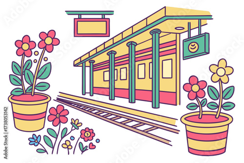 Train station platform with potted flowers and signs