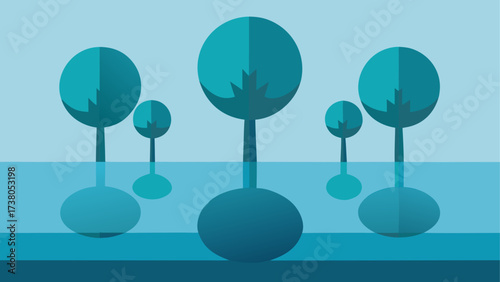 Illustration of trees reflected in water