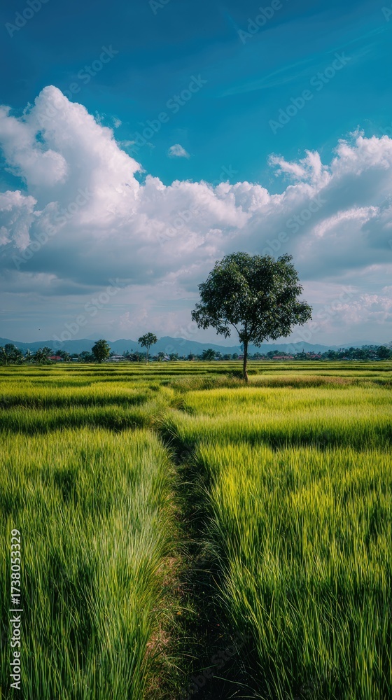 Fototapeta premium Scenic field with a path, trees, and a cloudy sky