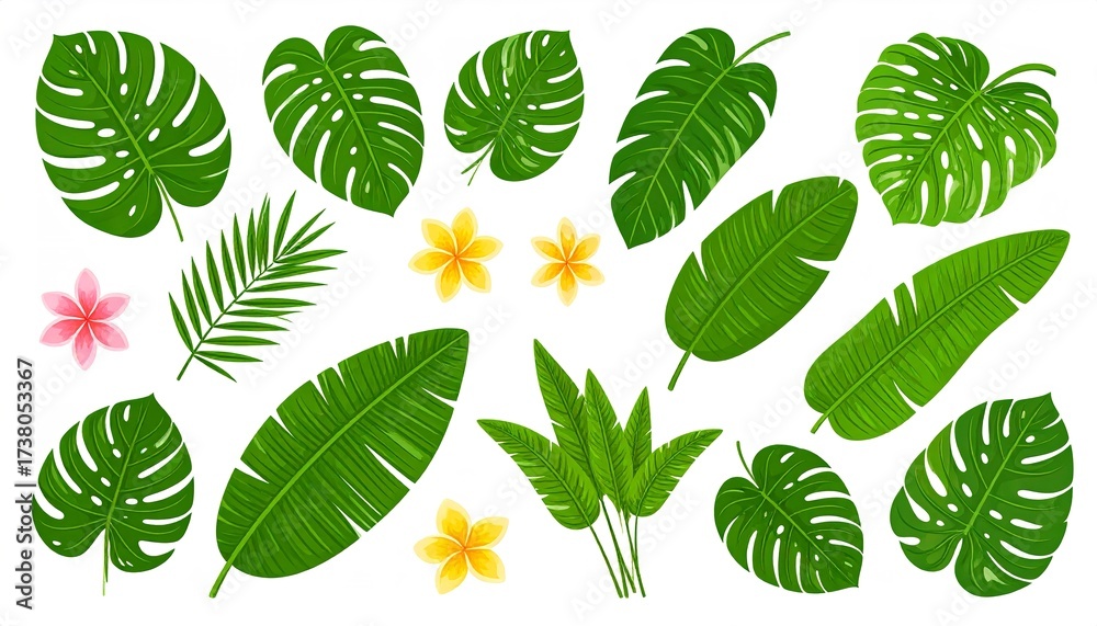 Obraz premium Tropical cartoon plants set, palm leaves, banana leaf, monstered, philodendron, plumeria flowers, isolated white.