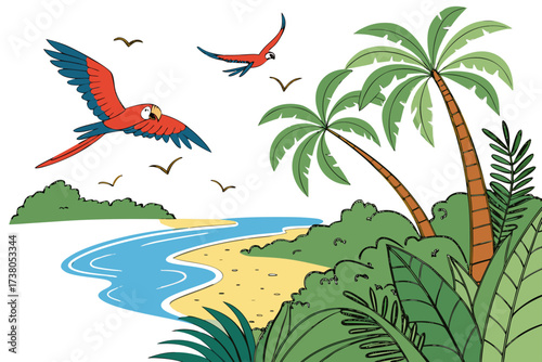 Tropical beach with palm trees and flying macaws birds