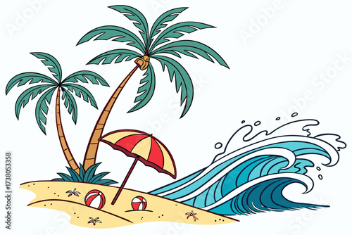 Tropical beach with palm trees umbrella and waves ocean