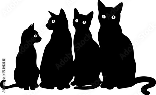 Group of Five Black Cats Sitting Silhouette