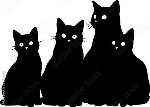 Group of Five Black Cats Sitting Silhouette