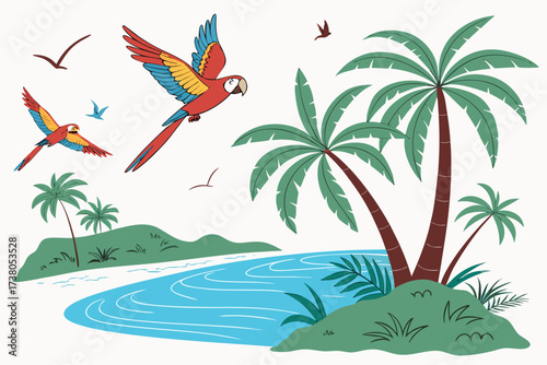 Tropical lagoon with colorful parrots and palm trees
