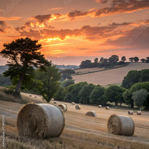 Golden Hour Rural Landscape: Sunset Over Hay Bales in Harvested Fields