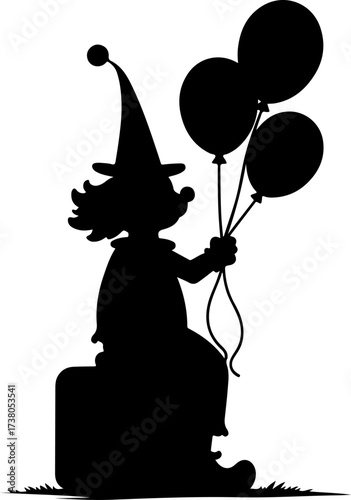 Clown Sitting on Suitcase Holding Balloons Silhouette