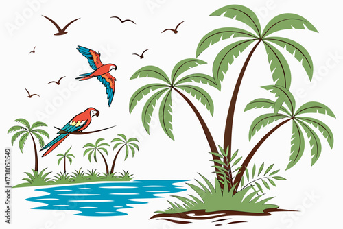 Tropical lagoon with macaws and palm trees birds