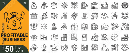 Profitable business icons collection. Pack finance, money, investment, banking, growth, strategy, bar chart and more. Editable stroke vector illustration.