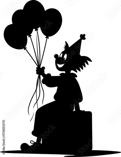 Clown Sitting on Suitcase Holding Balloons Silhouette