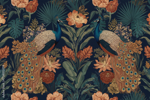 An opulent pattern design featuring two stylized peacocks amidst a dense, lush arrangement of exotic tropical foliage and flowers