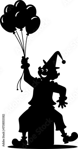 Clown Sitting on Suitcase Holding Balloons Silhouette