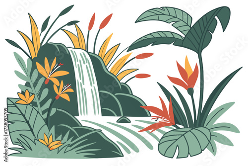 Tropical waterfall with exotic flowers and lush foliage