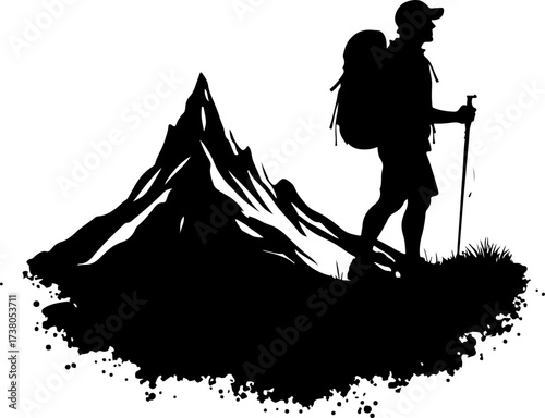 Hiker on Mountain Ridge with Backpack Silhouette