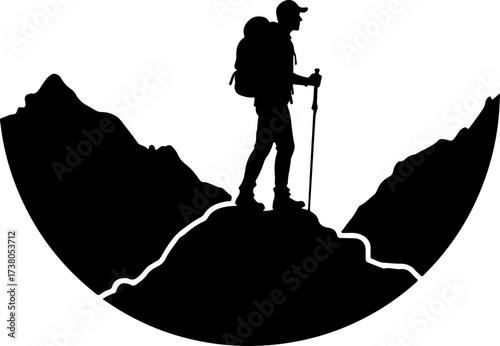 Hiker on Mountain Ridge with Backpack Silhouette