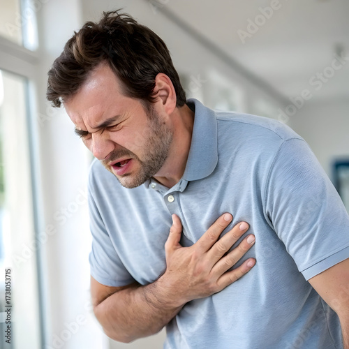 Adult Male Gripping Chest in Agony: Critical Symptoms of Cardiac Issues & Health Emergencies