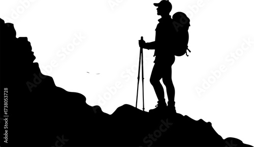 Hiker on Mountain Ridge with Backpack Silhouette