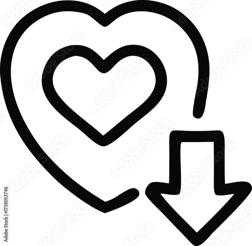 Heart icon with downward arrow symbol representing love decrease sentiment or negative emotion download symbol