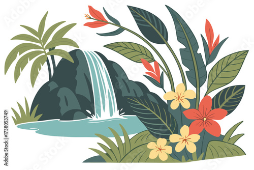 Tropical waterfall with lush foliage and flowers nature