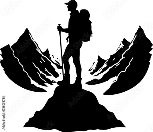 Hiker on Mountain Ridge with Backpack Silhouette