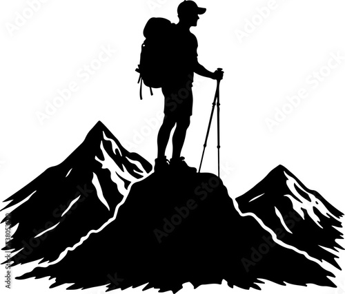 Hiker on Mountain Ridge with Backpack Silhouette