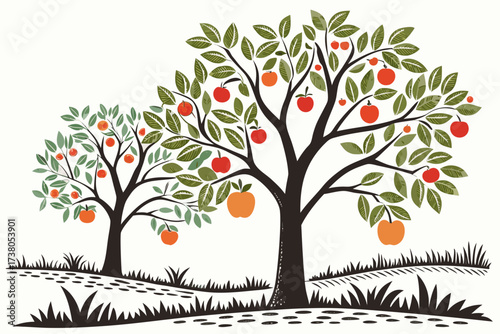 Two apple trees with red and orange fruits red apple