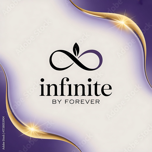 Design a minimalist luxury logo for Infinite by Forever, a premium skincare line. The logo should use modern typography with smooth curves and feature the colors Royal Purple (#4B0082), Gold (#D4AF37)