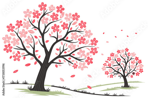 Two cherry blossom trees with pink and red flowers