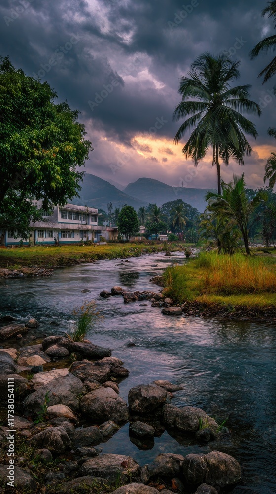 Obraz premium Scenic river flows through village under a dramatic, stormy sky, with palms