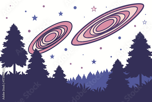 Two colorful galaxies above dark pine forest silhouette