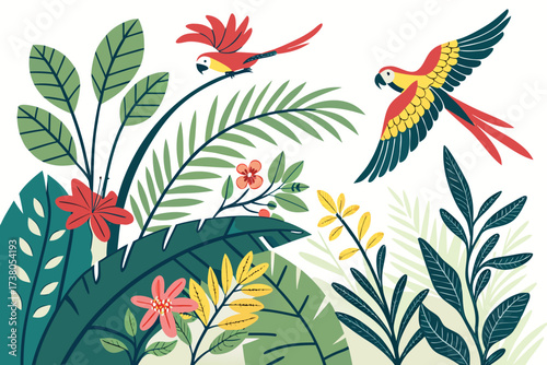Two colorful parrots flying and perched amidst lush jungle foliage