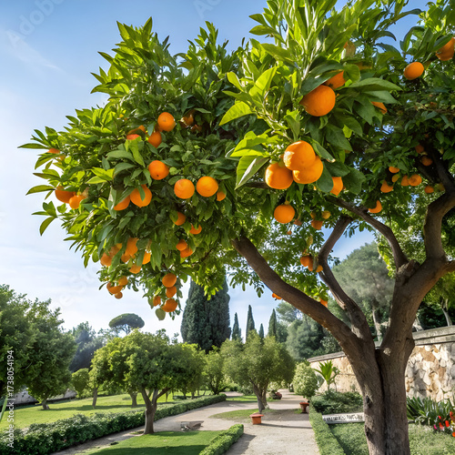 Vibrant Orange Tree in a Sun-Drenched Mediterranean Garden – Lush Citrus Fruits Ripening on Branches Against a Clear Blue Sky.