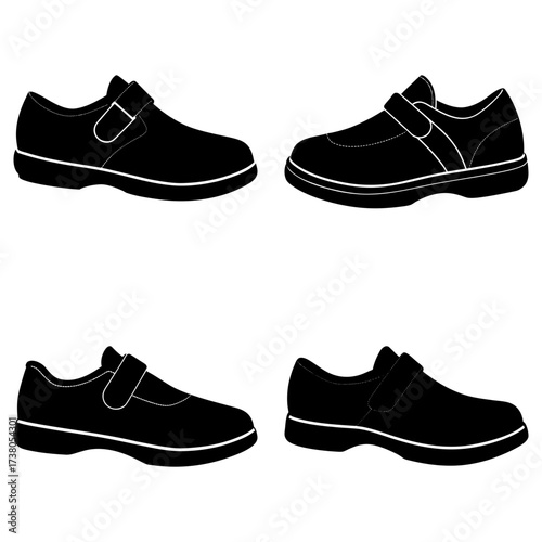 Four black shoes with straps displayed in a square arrangement on a white background image vector
