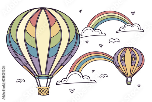 Two hot air balloons and rainbows on white background