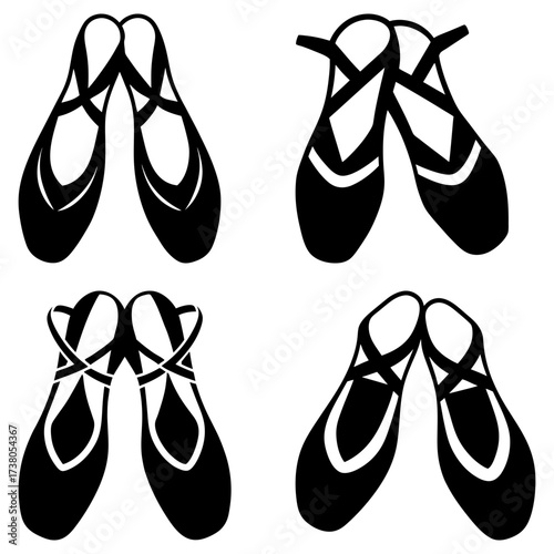Four pairs of ballet shoes in black and white showing different angles and arrangements of the footwear