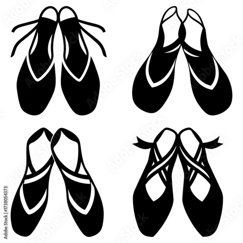 Four pairs of ballet shoes in black and white showing different styles of ribbons and shoe design detail