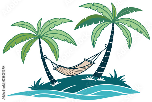 Two palm trees with hammock on white background tropical