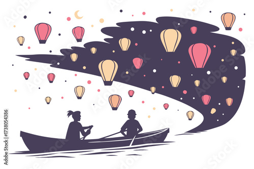 Two people in a boat releasing lanterns into the night sky