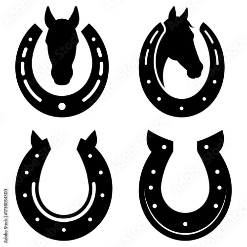 Four horseshoe icons with two containing horse head silhouettes in black and white vector illustration
