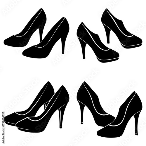 Silhouette illustration featuring four pairs of high heels in a stylish and elegant arrangement