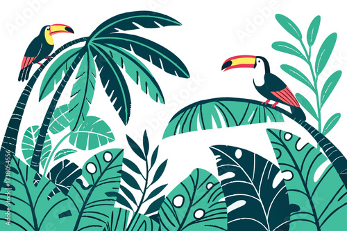 Two toucans perched on tropical palm trees with lush foliage