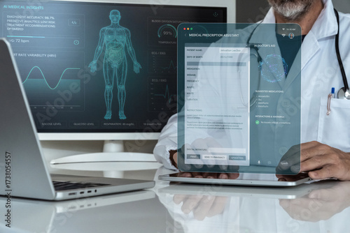 Doctor utilizing AI-powered medical insights and a holographic prescription assistant for advanced patient diagnostics