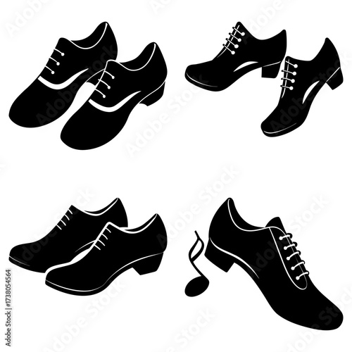 Illustration of four pairs of black tap shoes with laces and a musical note on a white background