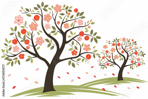 Two trees in colorful bloom with falling petals orchard