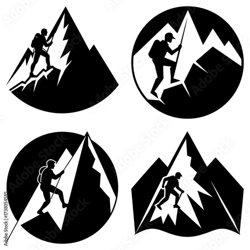 Four black and white mountain climbing icons with climbers ascending jagged peaks in various shapes and forms