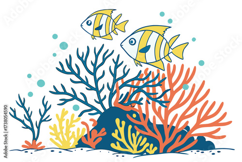 Two yellow striped fish swim near colorful coral yellow fish
