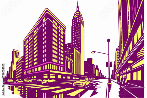 Vibrant purple and yellow cityscape with cars and pedestrians